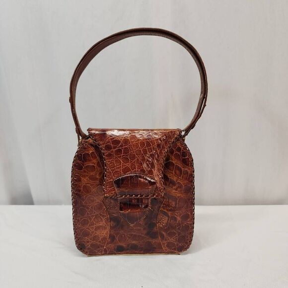 Vintage Genuine Alligator Leather Brown adjustable Shoulder Small Handbag - Picture 11 of 13